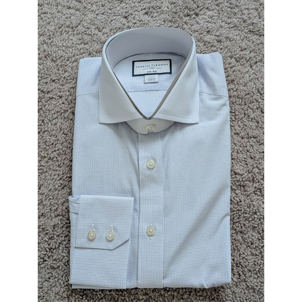 Charles Tyrwhitt Shirt 15.5/35 Lilac & Sky Fine Check Slim Fit Button Up NWT